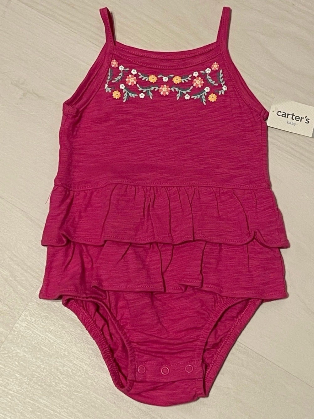 Carter's Bright Magenta Ruffle Tank One-Piece Bodysuit with Floral Embroidery